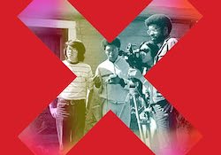 A large "X" is superimposed on top of a red background. Inside of the "X" is a shot of members of the LA rebellion