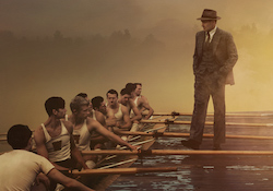 Men on a row team row while their coach mentors them