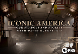 Title card reads "'Iconic America: Our Symbols and Stories with David Rubenstein "The Statue of Liberty'"