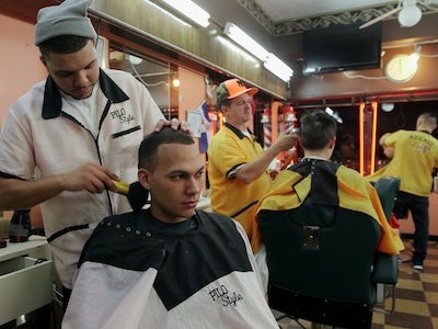A busy barbershop.