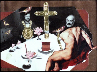 A cutout collage depicting two men sitting at a table.