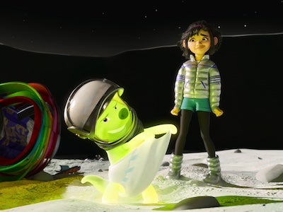 An animated scene depicting a dog wearing a space hat and a nervous-looking girl.