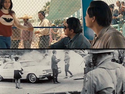 Above: Two men looking at a woman wearing the United Farm Workers symbol. Below: A soldier looking at people standing by a car surrounded by smoke.