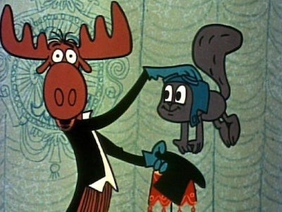 Bullwinkle the moose pulling Rocky the squirrel out of a hat.