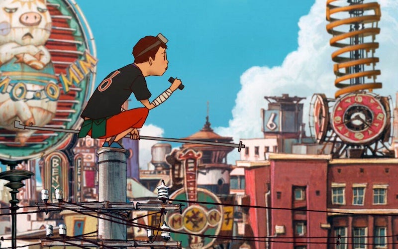 An animated scene of a boy sitting on an electrical pole and overlooking a city.