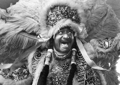 A man dressed up for Mardi Gras.