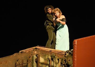 Two teenage girls looking frightening on the roof of a train.