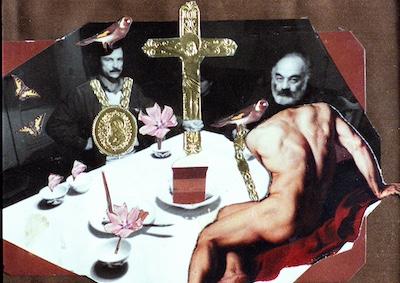 A cutout collage depicting two men sitting at a table.