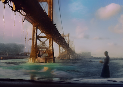 A hazy rendering of the Golden Gate Bridge and Kim Novak in Vertigo.