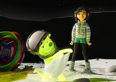 An animated scene depicting a dog wearing a space hat and a nervous-looking girl.