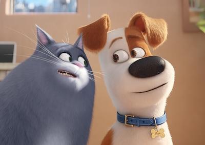 Animated scene of a cat talking to a dog.