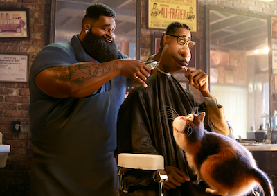 An animated scene of a man with a cat on his lap getting a haircut at a barbershop.