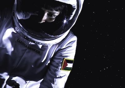 A woman floating in space in a spacesuit.