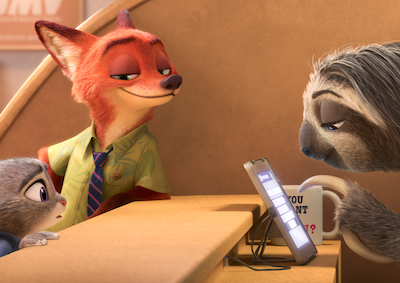 An animated fox and rabbit at a DMV desk with a sloth.