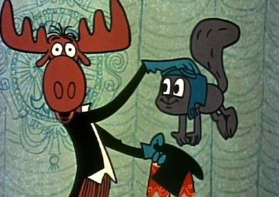 Bullwinkle the moose pulling Rocky the squirrel out of a hat.