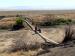 Two people looking at a large pipe in a desert landscape.