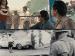 Above: Two men looking at a woman wearing the United Farm Workers symbol. Below: A soldier looking at people standing by a car surrounded by smoke.