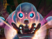 A large animated robot holding a small robot in its hand.