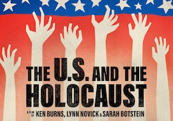 Illustrated hands reach up toward graphic of a Star Spangled Banner behind text that reads "The U.S and the Holocaust: A Film by Ken Burns, Lynn Novick, and Sarah Botstein."